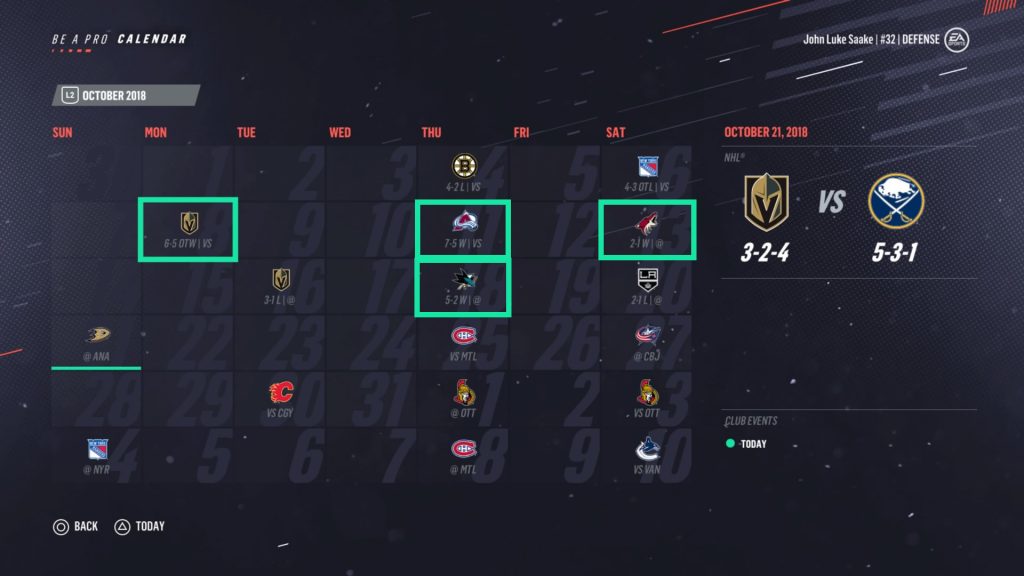 Game schedule that show 4 wins on calendar, but 5 wins in record.